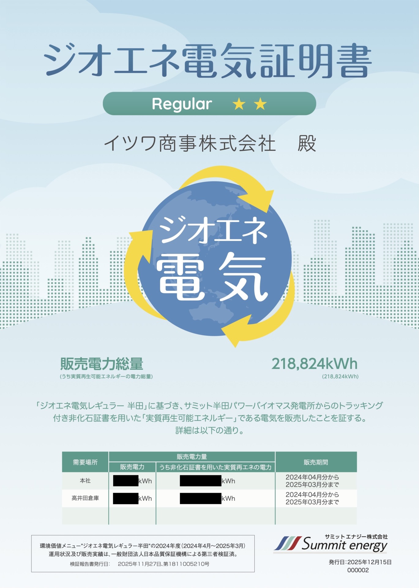 ジオエネ電気証明書